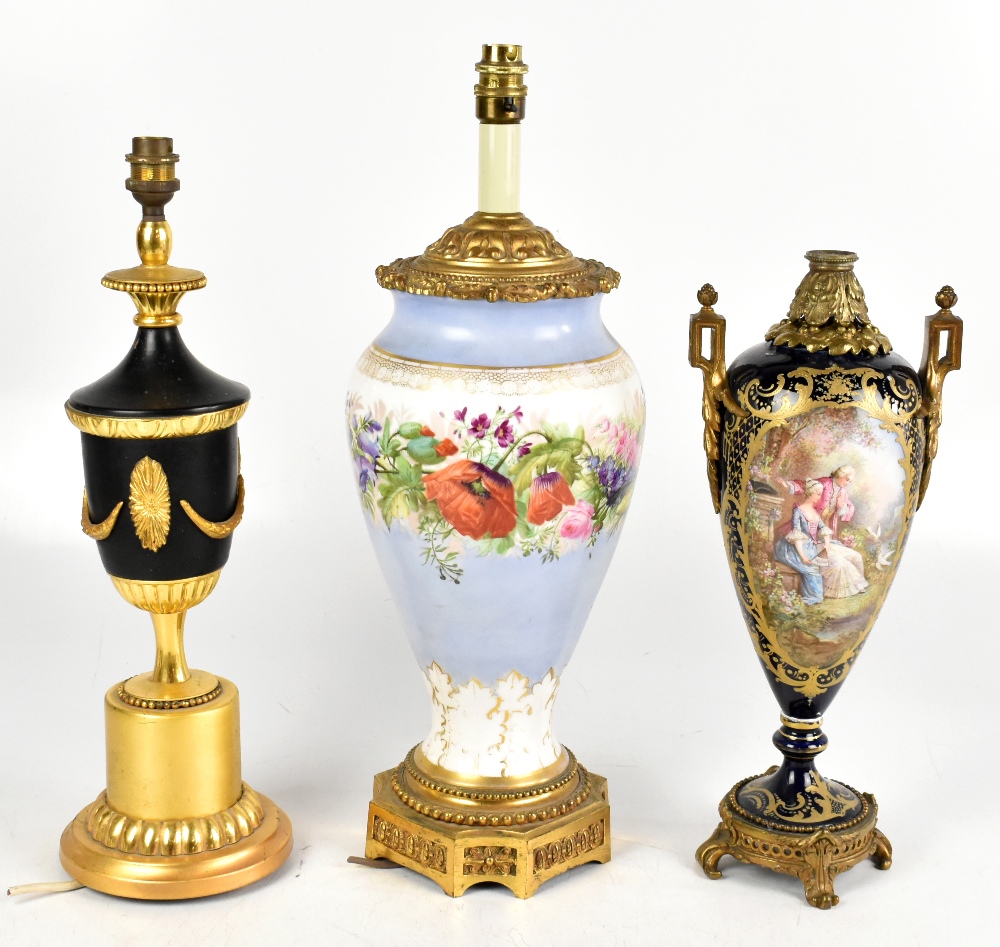 A late 19th century porcelain and gilt metal mounted twin handled table lamp, possibly Sevres,