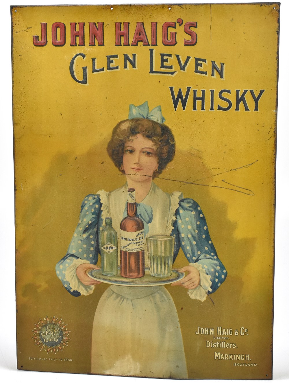 JOHN HAIG'S; an original advertising tin sign for John Haig's Glen Leven whisky, embossed with a - Image 2 of 8