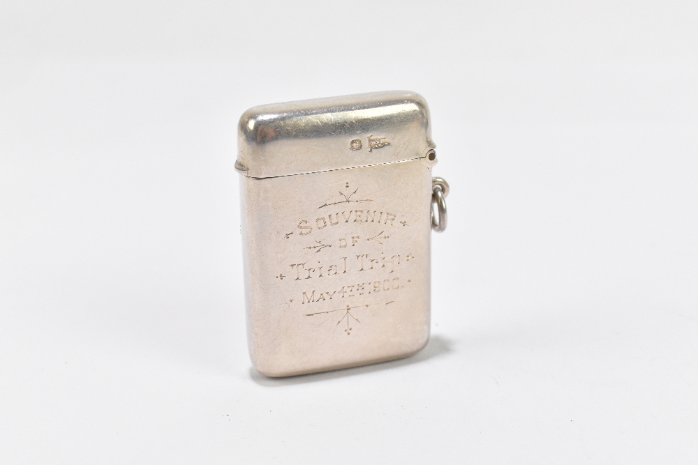 An unusual late Victorian hallmarked silver vesta case of rounded rectangular form, engraved with - Image 2 of 3