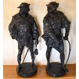 AFTER EMILE LOUIS PICAULT; a large pair of bronze figures 'Archer' and 'Escholier', both on integral