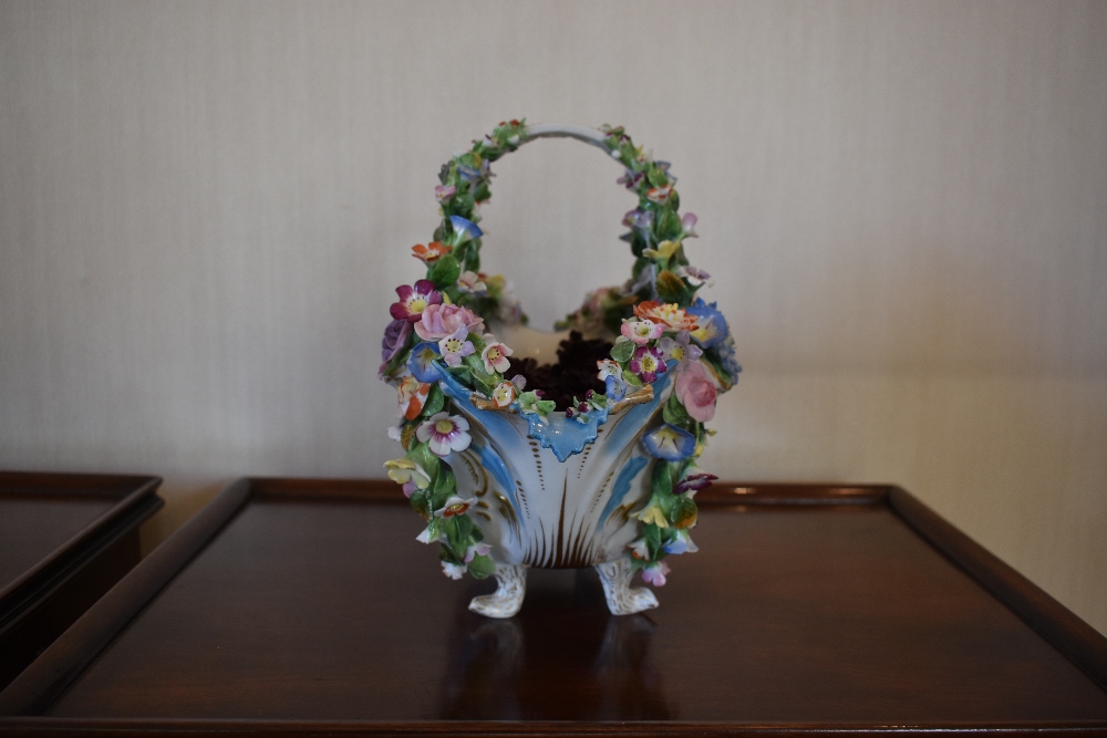 A mid/late 19th century floral encrusted porcelain basket with fixed handle and hand painted - Image 2 of 4