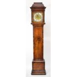 A Queen Anne walnut longcase clock, the domed caddy top above fret carved panel and 12" square brass