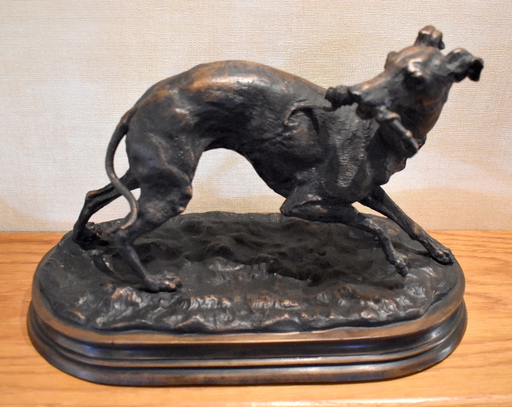 AFTER PIERRE JULES MÊNE; a contemporary bronze figure of a hound with crop in his mouth, on integral