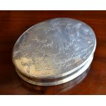 SB; an unusual 18th century oval snuffbox, the lid engraved with twin stylised birds, one with