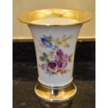 A late 20th century Meissen trumpet vase painted with floral sprays and broad gilt bands, height