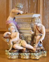 A mid-19th century Meissen porcelain figure group representing Architecture, with three cherubic