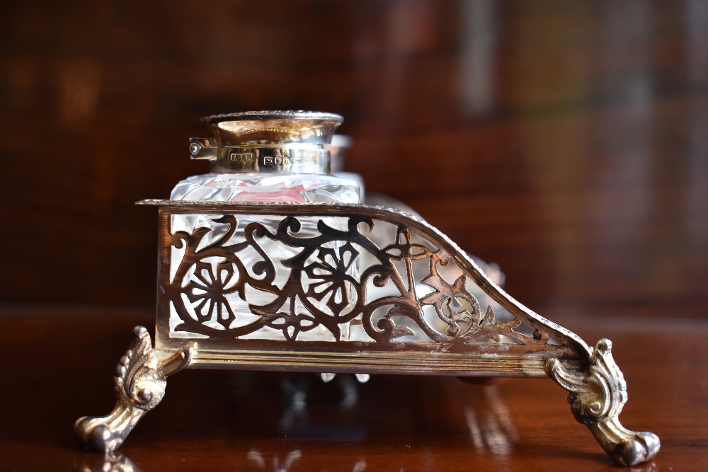 A late Victorian hallmarked silver ink standish with pierced three-quarter gallery, twin silver - Image 5 of 7