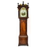 A George III mahogany and inlaid longcase clock, the elaborate swan neck pediment above fret