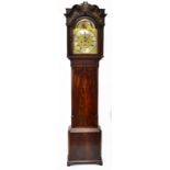 A George III mahogany longcase clock, the broken swan neck pediment above painted panels, with