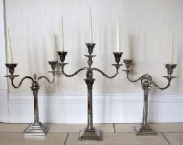RICHARD HOOD I & RICHARD HOOD II; a set of three late Victorian hallmarked silver candelabra, the