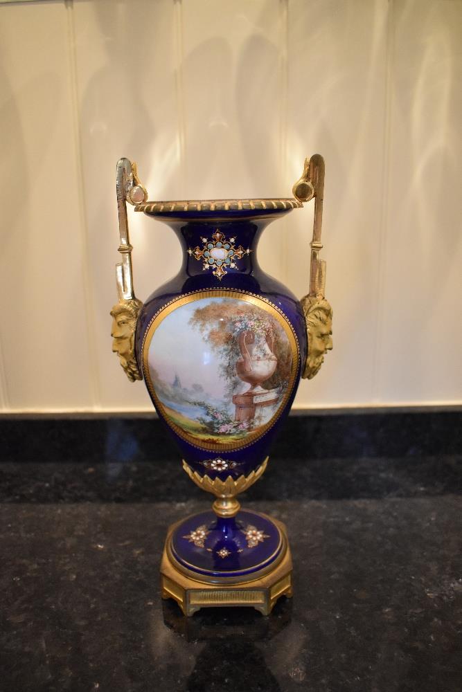 A late 19th century French porcelain ormolu mounted vase, the dark blue ground set with enamel ' - Image 3 of 4