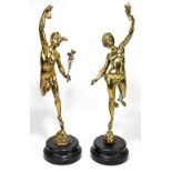 AFTER GIAMBOLOGNA; a pair of gilt metal figures 'Mercury' and 'Fortuna', both raised on ebonised