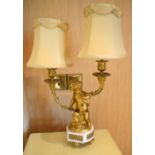 A pair of late 19th century French white marble and gilt metal cherubic twin branch table lamps,