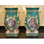 A pair of mid/late 19th century French porcelain vases of shaped rectangular form, each with