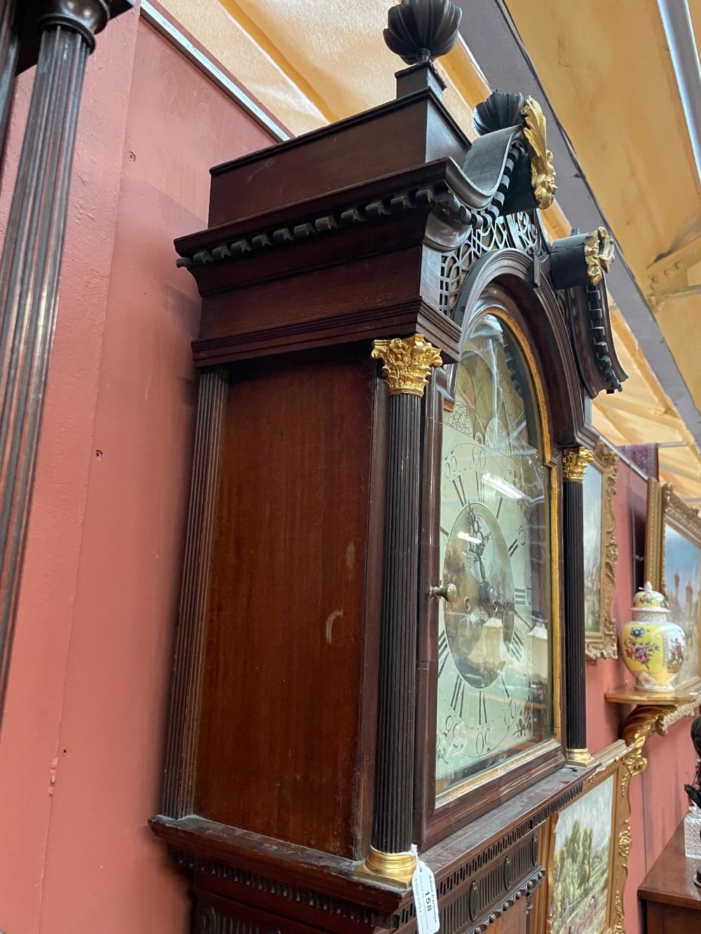 A George III mahogany and inlaid longcase clock, the elaborate swan neck pediment above fret - Bild 10 aus 18