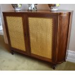 A George III mahogany line inlaid and satinwood crossbanded Sheraton period side cabinet, the shaped