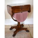 A William IV mahogany drop-leaf sewing table, the rectangular top with twin flaps above single