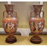 SAMUEL ALCOCK & CO; A large and unusual pair of Etruscan inspired twin handled terracotta vases, the