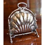 WALKER & HALL; a silver plated biscuiteer of shell form, with twin hinged sections, interior pierced