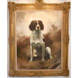 JOHN TRICKETT (born 1953); large oil on canvas, study of a seated spaniel in landscape, signed, 76 x