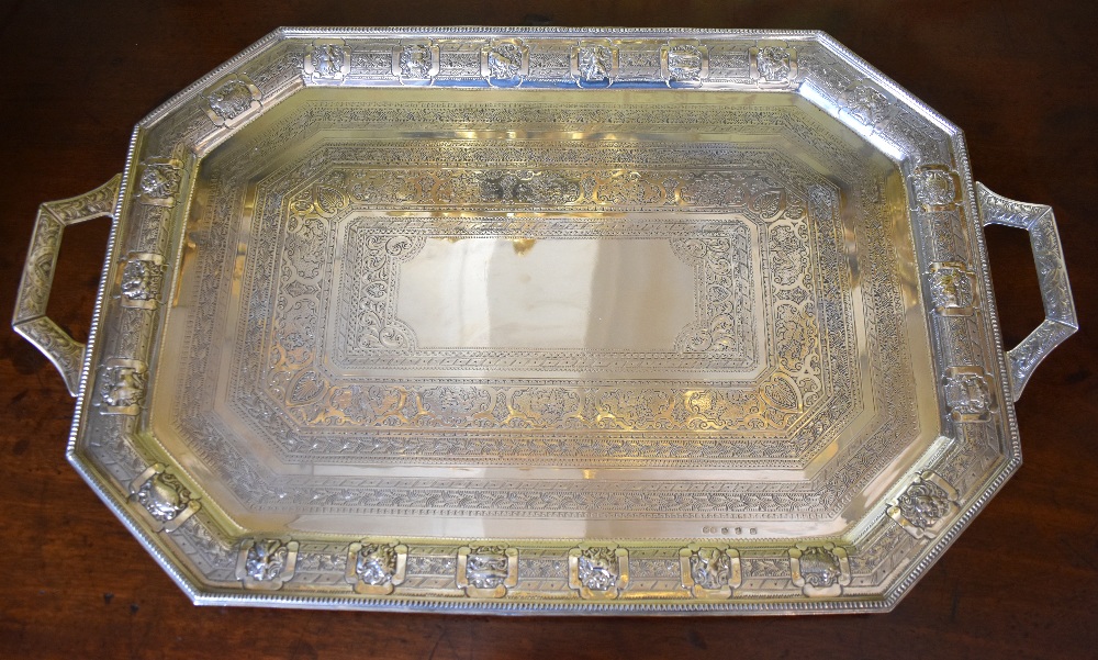 ROBERT SCOTT; a large late Victorian Scottish hallmarked silver tray of rectangular form with canted