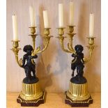 A pair of late 19th century French bronze ormolu mounted and rouge marble candelabra, each with