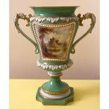 GRAINGER'S WORCESTER; a green ground twin handled vase with bead decorated opposing hand painted