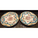 A pair of 19th century Sèvres cabinet plates with bleu celeste and gilt heightened border, floral