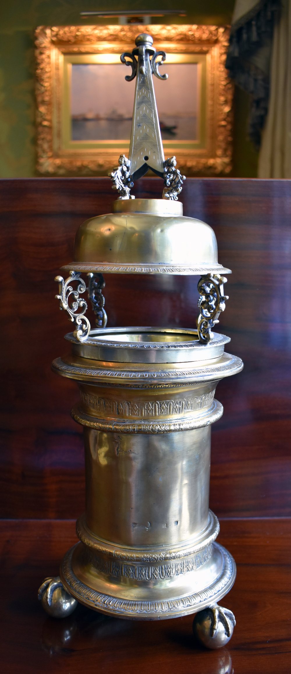 An unusual large Elizabethan style salt with gilt decoration throughout, pierced upper section,