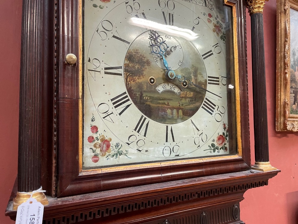 A George III mahogany and inlaid longcase clock, the elaborate swan neck pediment above fret - Bild 5 aus 18