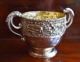 HUNTING INTEREST, WAKELY & WHEELER; a quality late Victorian hallmarked silver gilt twin handled cup