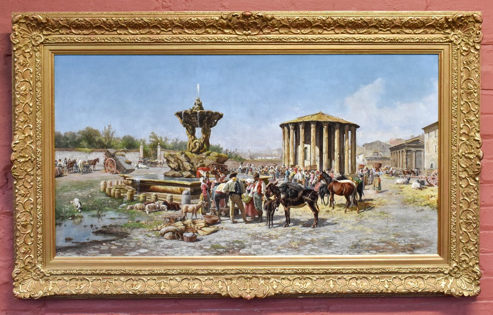 PIETRO BARUCCI (Italian, 1845-1917); large oil on canvas, 'The Temple of Vesta, Rome', signed and