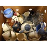 A quantity of ceramics and glassware to include Dartmouth Widecombe Fair milk jug and sugar bowl,
