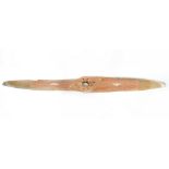 A WWII laminated wood aeroplane propeller, with RAF painted insignia (badly worn), leather,