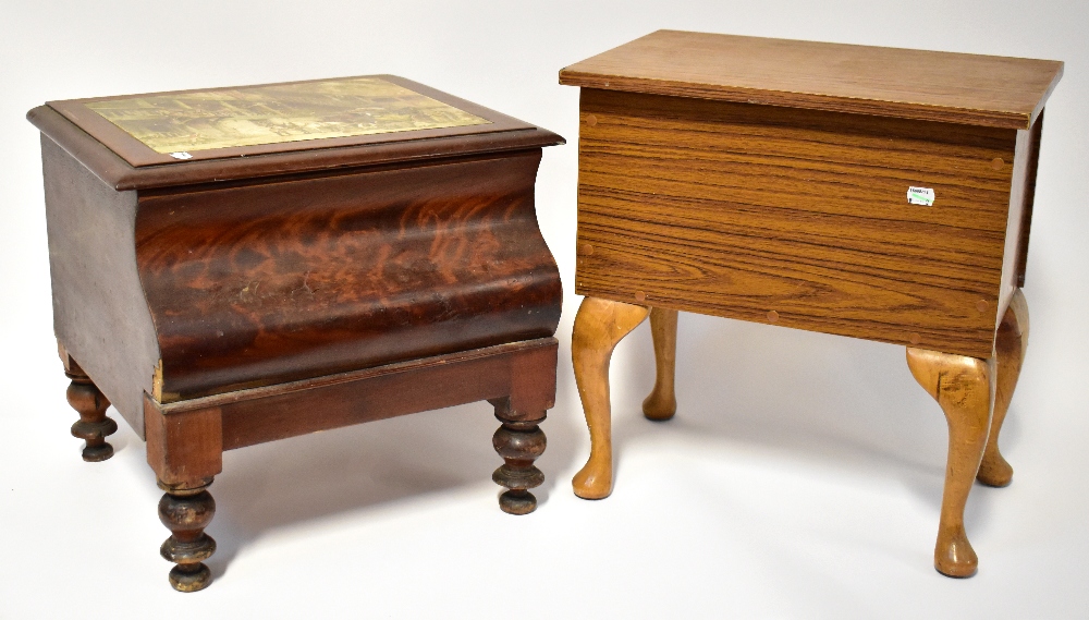 A Victorian mahogany commode with printed Victorian coach scene to the top,