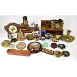 A quantity of mixed collectibles to include an oak desk clock in a shield-shaped frame,