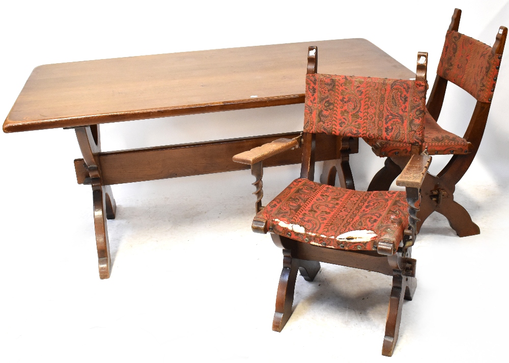 A mid-20th century oak Jacobean-style dining table with slab end supports and six matching dining - Image 2 of 4