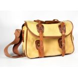 A W Billingham vintage camera bag with tan leather trim and canvas strap, height 23cm, length 36cm.