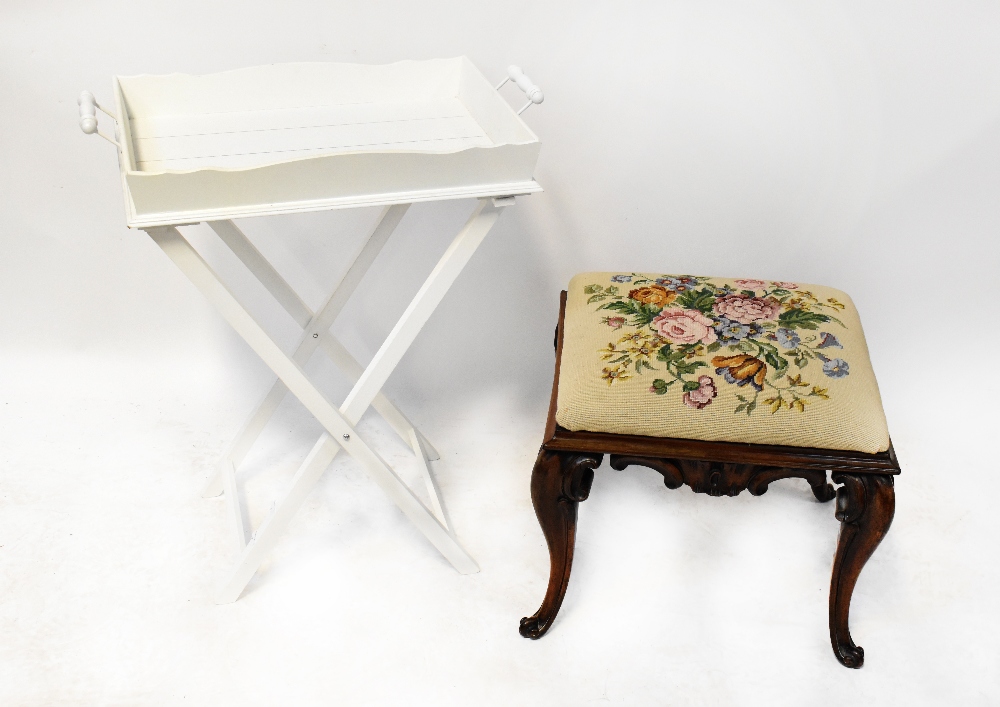 A Victorian mahogany stool with tapestry upholstered top in cream with bouquet of flowers,
