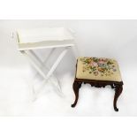 A Victorian mahogany stool with tapestry upholstered top in cream with bouquet of flowers,