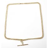 A 9ct gold curb link necklace in the style of a watch chain, with swivel clasp and suspended T-bar,