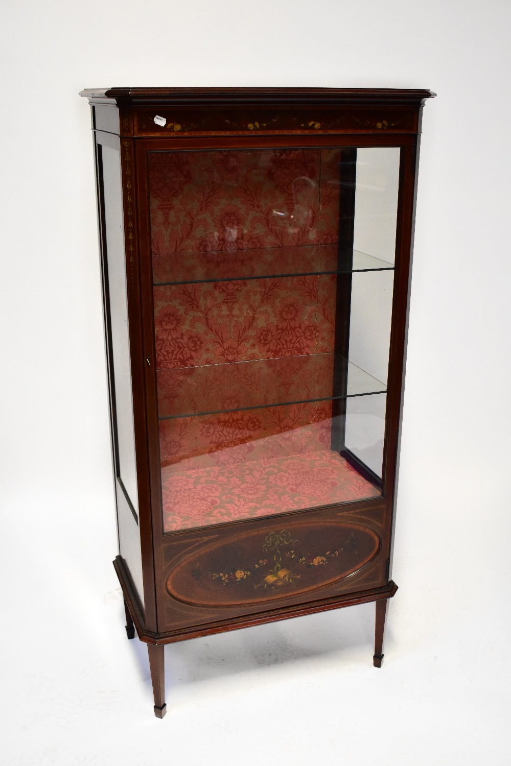 A 20th century mahogany inlaid and floral painted display unit,