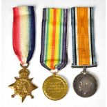 A WWI group of three medals and ribbons to include 1914 Star awarded to PTE R.