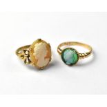 Two vintage 9ct gold cameo rings, one with white carved female bust, on green panel, size P,