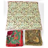LIBERTY; three vintage silk scarves, a cream floral scarf with red border,