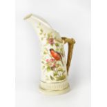 ROYAL WORCESTER; a cream ground ewer hand painted with robin, dog roses and forget-me-nots,
