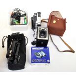 A quantity of vintage and modern cameras to include a Sharp Viewcam, a Panasonic Model No.