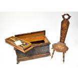 A vintage wooden toolbox containing a quantity of assorted vintage hand tools, to include chisels,