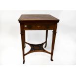 An Edwardian Sheraton Revival rosewood inlaid envelope card table with gilt tooled and baize lined