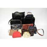 Various circa 1940s and later vintage bags to include a brown crocodile handbag with yellow metal